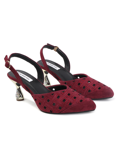 TWP Origin Maroon Embellished Pointed Toe Slingback Heels