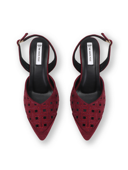 TWP Origin Maroon Embellished Pointed Toe Slingback Heels