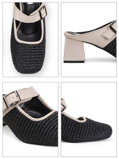 TWP Origin Black Textured Mary Jane Block Heels