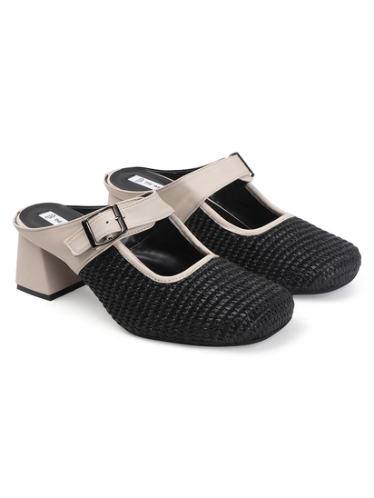 TWP Origin Black Textured Mary Jane Block Heels