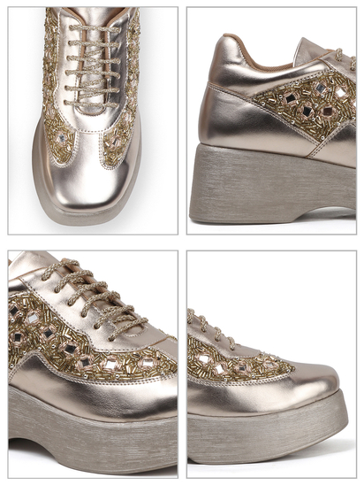 Gold Mirror Embellished Platform wedge Sneakers