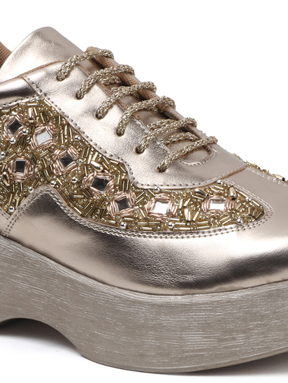 Gold Mirror Embellished Platform wedge Sneakers