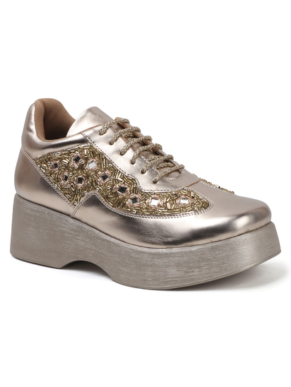Gold Mirror Embellished Platform wedge Sneakers