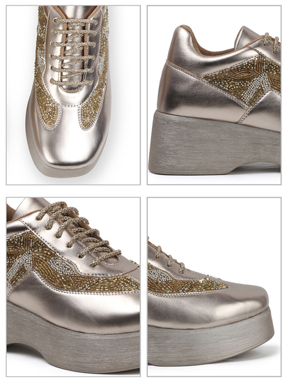 Gold embroidered lace up Platform wedge Sneakers