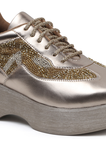 Gold embroidered lace up Platform wedge Sneakers
