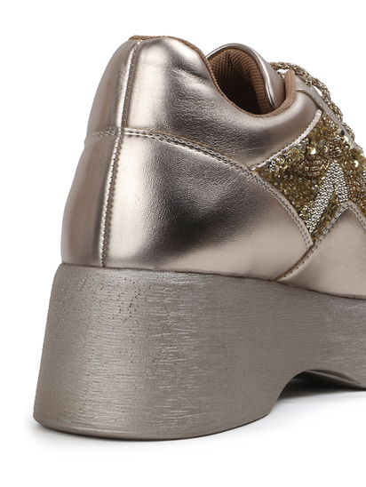 Gold embroidered lace up Platform wedge Sneakers