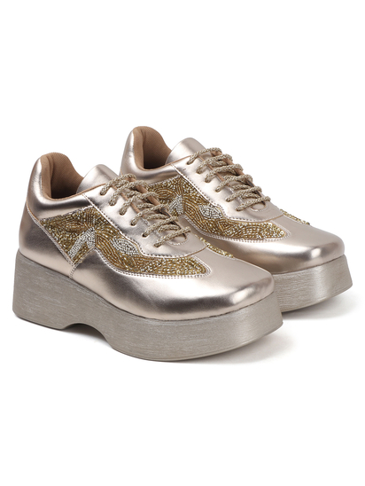 Gold embroidered lace up Platform wedge Sneakers
