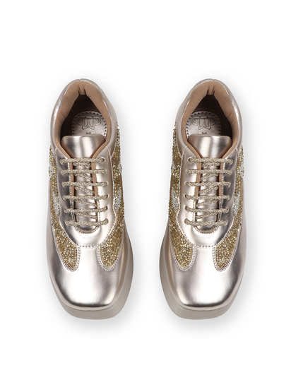 Gold embroidered lace up Platform wedge Sneakers