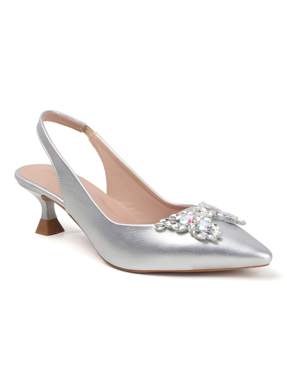 Silver Rhinestone embellished Slingback Party Heels