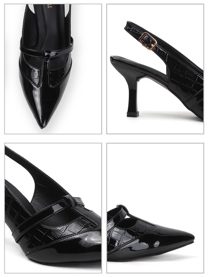 Black Strappy Pointed Toe Slingback Heels