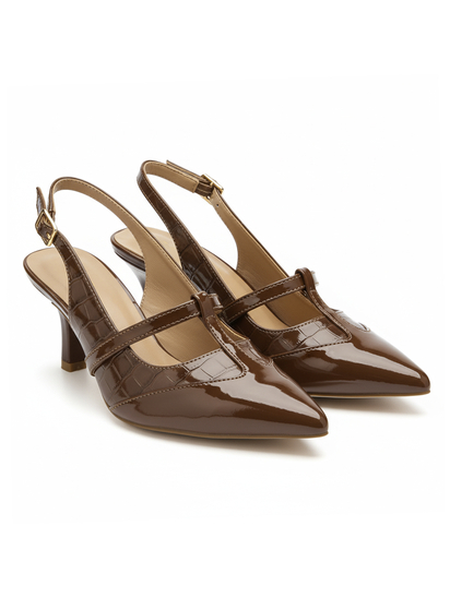 Brown Strappy Pointed Toe Slingback Heels