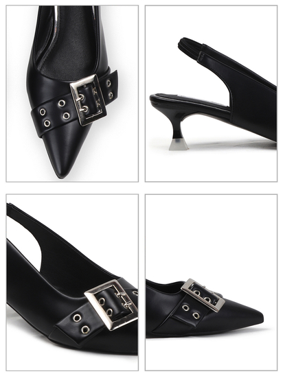 Black Buckle Detail Pointed Toe Slingback Heels