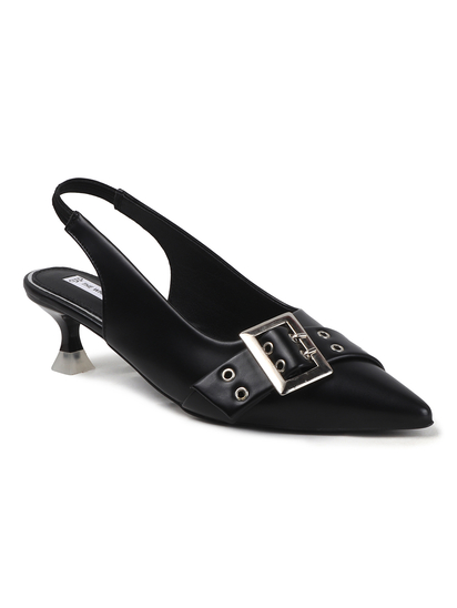 Black Buckle Detail Pointed Toe Slingback Heels