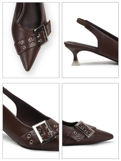 Brown Buckle Detail Pointed Toe Slingback Heels