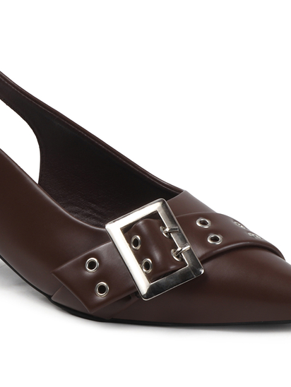 Brown Buckle Detail Pointed Toe Slingback Heels