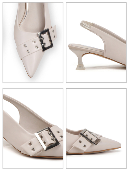 Cream Buckle Detail Pointed Toe Slingback Heels