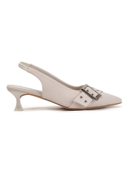 Cream Buckle Detail Pointed Toe Slingback Heels