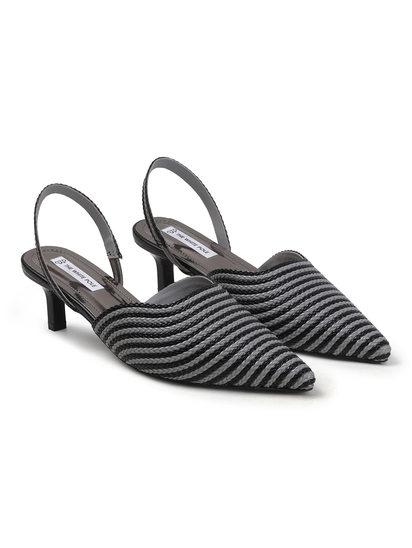 Black Chic Textured Pointed Toe slingback Heels