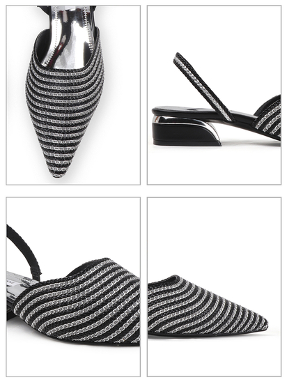 Black Textured Pointed Toe Slingback Heels