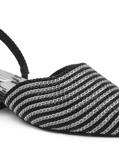 Black Textured Pointed Toe Slingback Heels