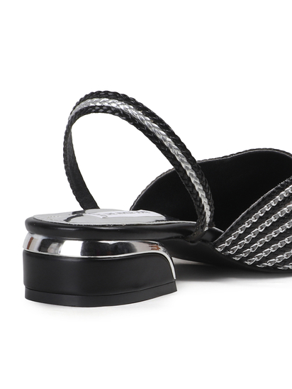 Black Textured Pointed Toe Slingback Heels