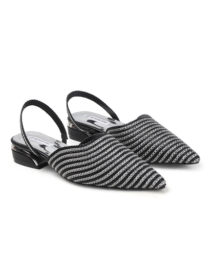 Black Textured Pointed Toe Slingback Heels