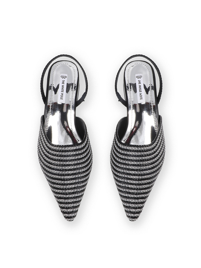 Black Textured Pointed Toe Slingback Heels