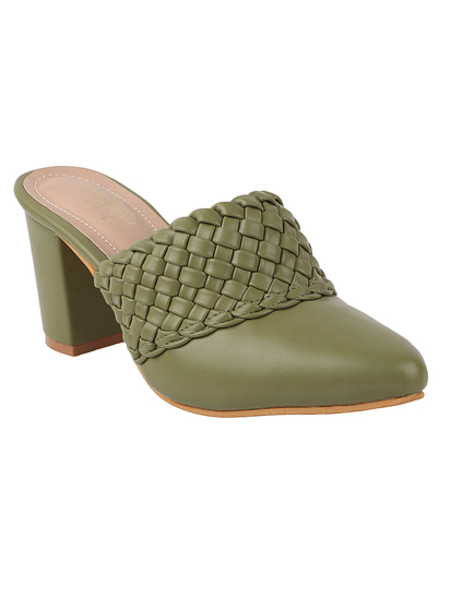 Thewhitepole Green heels for women | Braided Leather Mules