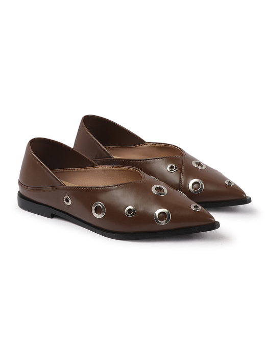 Brown pointed flats with grommets