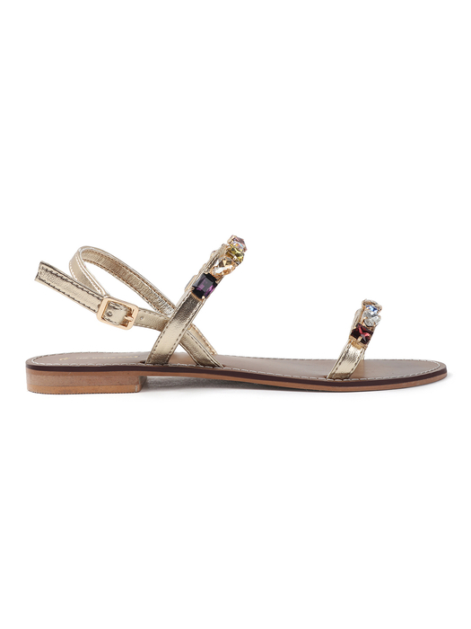 Gold leather flat sandle with stone embellishments