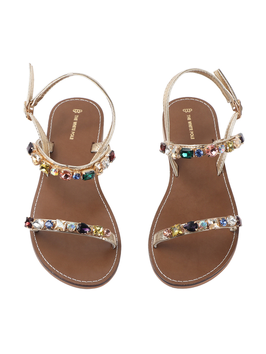 Gold leather flat sandle with stone embellishments