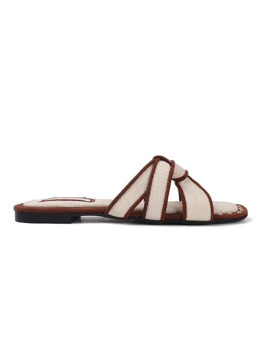 White Brown two-tone canvas slides with woven straps and studded trim Flats