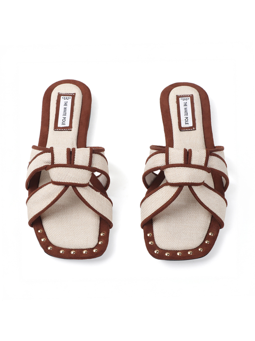 White Brown two-tone canvas slides with woven straps and studded trim Flats