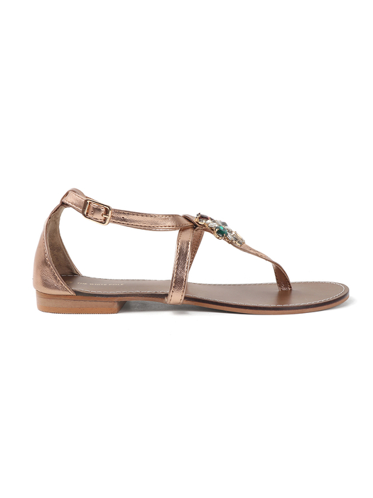 Leather Jeweled Metallic Sandal in Rose Gold