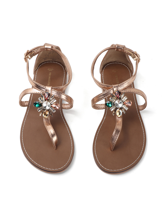 Leather Jeweled Metallic Sandal in Rose Gold