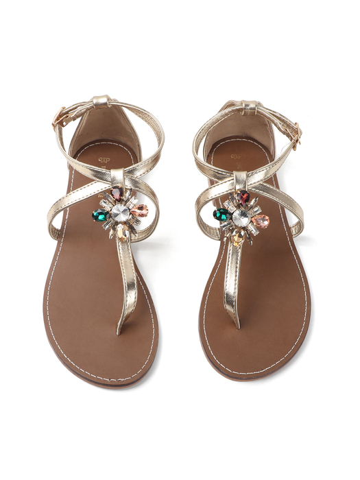 Leather Jeweled Metallic Sandal in Gold