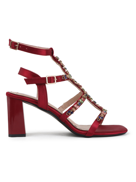 Three-Strap Red Block Heels with Multicolour Jewels