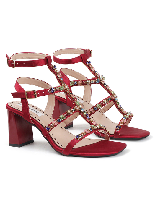 Three-Strap Red Block Heels with Multicolour Jewels