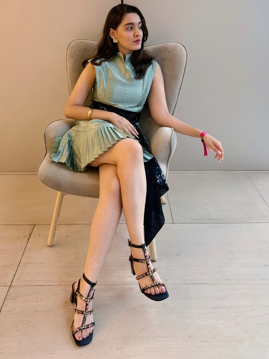 Three-Strap Black Block Heels with Multicolour Jewels