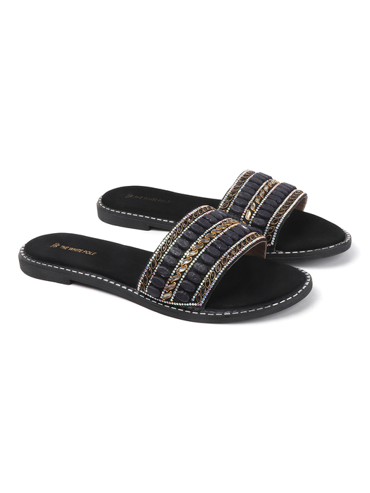 Black Embellished Slip-On Flats With Gold Bead Detailing