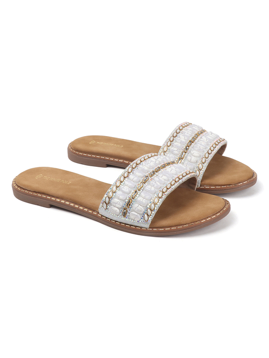 Silver Embellished Slip-On Flats With Gold Bead Detailing