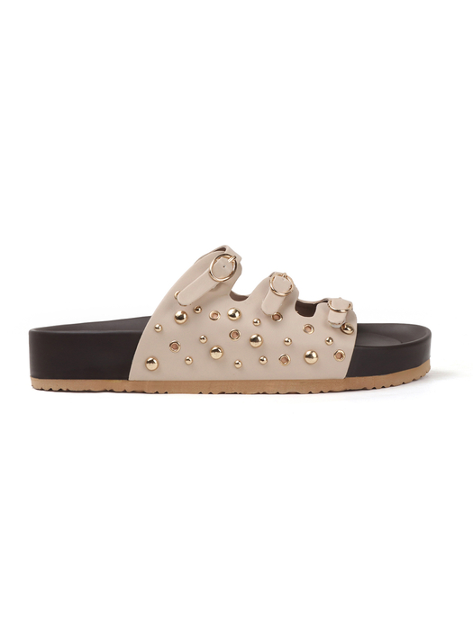 Cream Triple Buckle Studded Slides