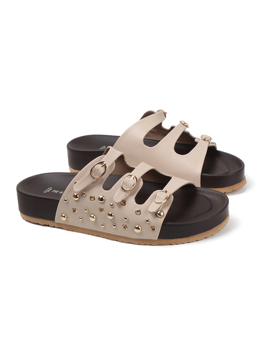 Cream Triple Buckle Studded Slides