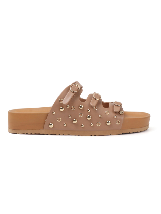 Nude Triple Buckle Studded Slides