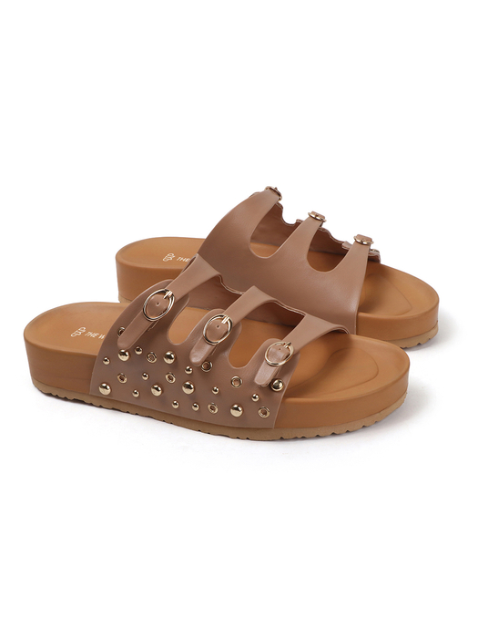 Nude Triple Buckle Studded Slides