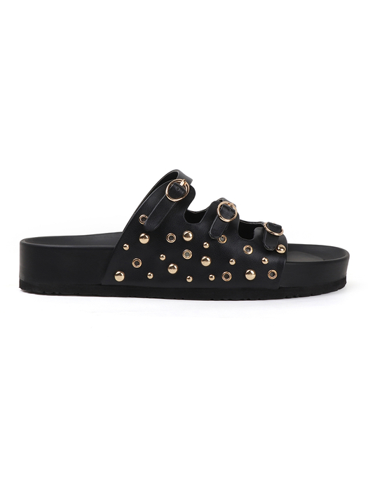 Black Triple Buckle Studded Slides