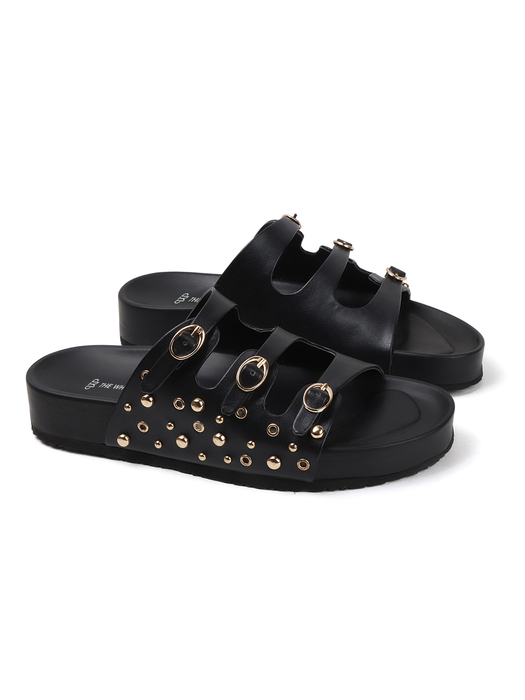 Black Triple Buckle Studded Slides