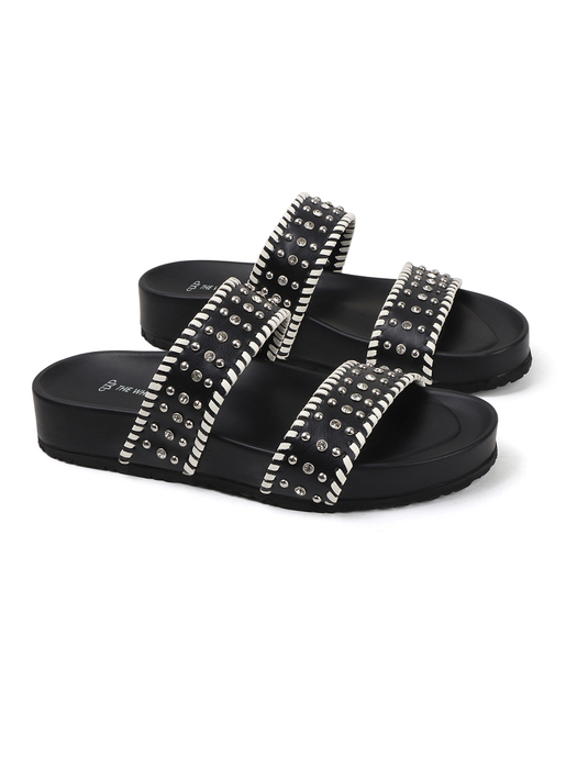 Black Studded Platform Slides With Contrast Trim