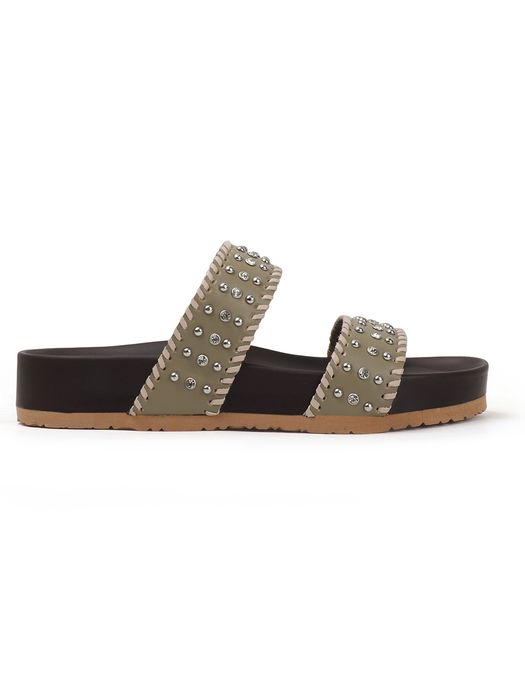 Olive Studded Platform Slides With Contrast Trim