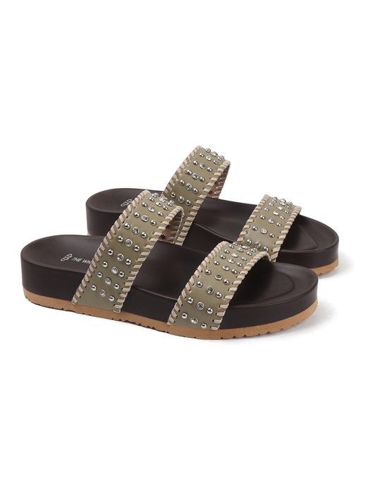 Olive Studded Platform Slides With Contrast Trim